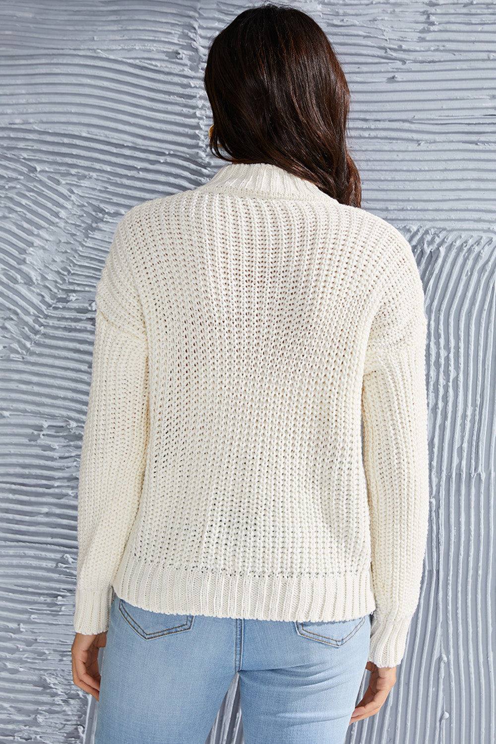 Shiny Cable-Knit Mock Neck Long Sleeve Sweater