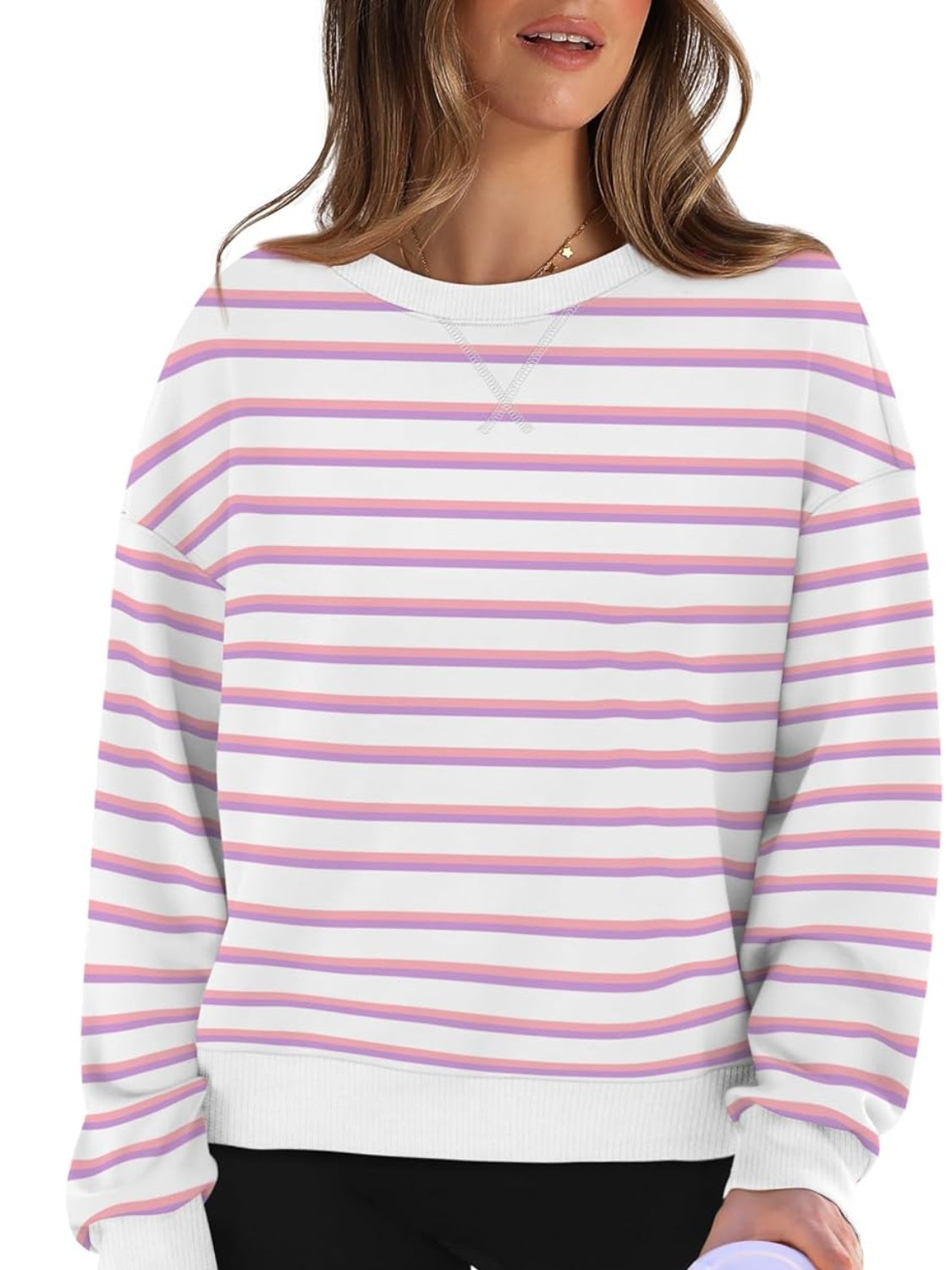 Lovelet Striped Round Neck Long Sleeve Sweatshirt