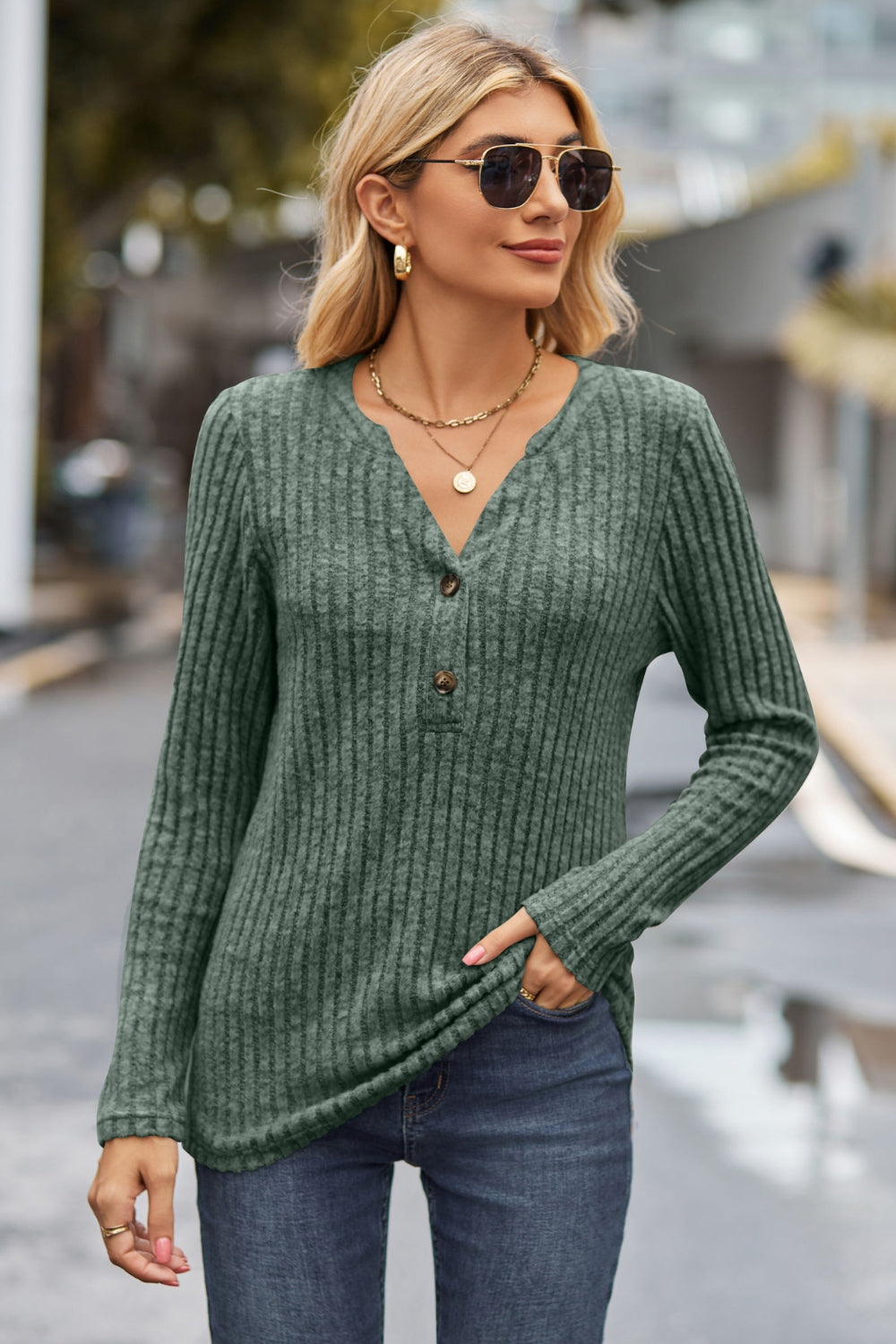 Lovelet Ribbed Half Button Long Sleeve Knit Top